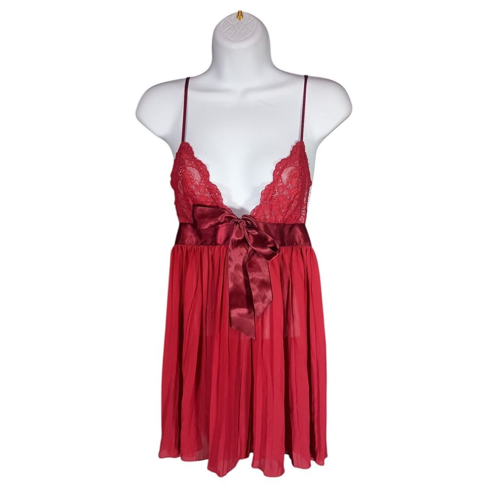 Victoria's Secret Red Burgundy Pleated Satin Babydoll Lingerie Lace Tie XS